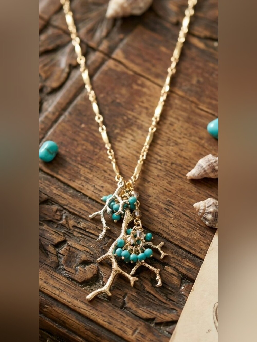 Gold Coral Branch Necklace with Turquoise Beads